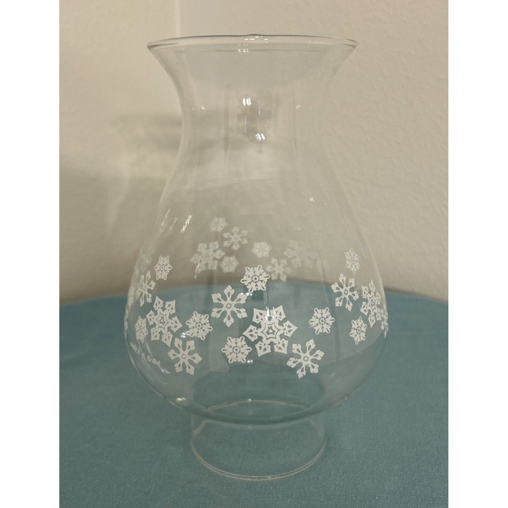 Vtg Pyrex Snowflake Hurricane Lamp Chimney Shade Clear Glass White Globe 1980